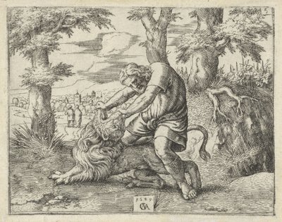 Samson tötet den Löwen mit bloßen Händen von Cornelis Massijs